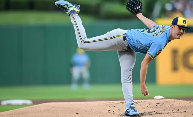Milwaukee Brewers pitcher Jacob Misiorowski delivers during the first inning of a baseball game against the Pittsburgh Pirates, Tuesday, Sept. 15, 2026, in Pittsburgh. (AP Photo/David Dermer)