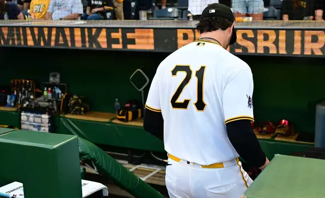 Pittsburgh Pirates starting pitcher Paul Skenes walks to the dugout before a baseball game against the Milwaukee Brewers, Tuesday, Sept. 15, 2026, in Pittsburgh. (AP Photo/David Dermer)