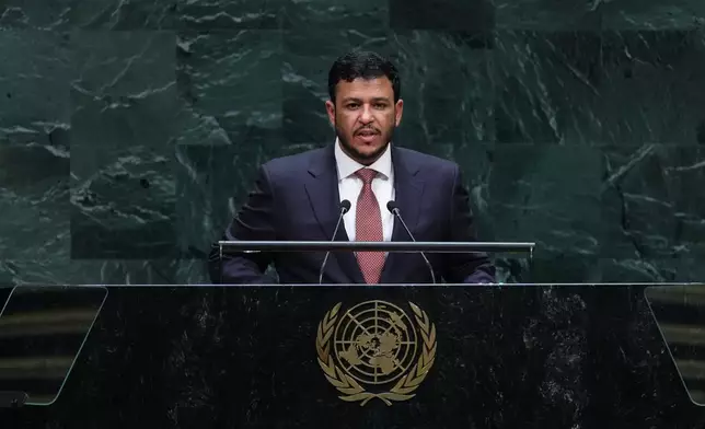 Yemen Vice President Abdullah Abdulkader Al Alimi-Bawzer addresses the 81st session of the United Nations General Assembly at U.N. headquarters Thursday, Sept. 24, 2026. (AP Photo/Frank Franklin II)