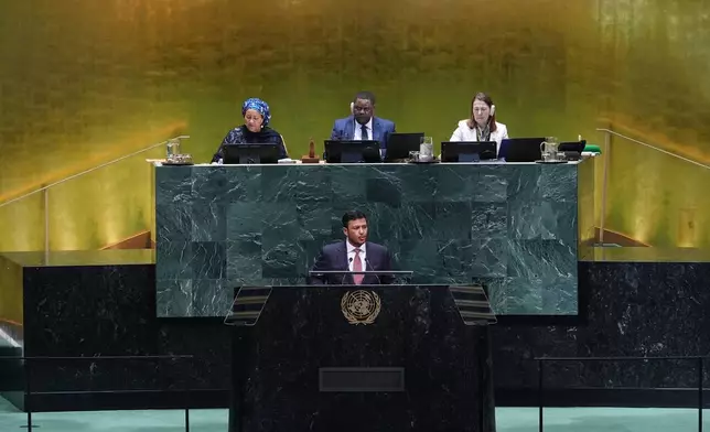 Yemen Vice President Abdullah Abdulkader Al Alimi-Bawzer addresses the 81st session of the United Nations General Assembly at U.N. headquarters Thursday, Sept. 24, 2026. (AP Photo/Frank Franklin II)