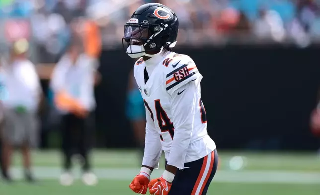 Chicago Bears cornerback Malik Muhammad (24) reacts after a play during the first half of an NFL football game, Sunday, Sept. 13, 2026, in Charlotte, N.C. (AP Photo/Scott Kinser)