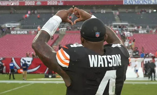 Cleveland Browns quarterback Deshaun Watson (4) gestures at the end of an NFL football game against the Tampa Bay Buccaneers in Tampa, Fla., Sunday, Sept. 20, 2026. (AP Photo/Chris O'Meara)