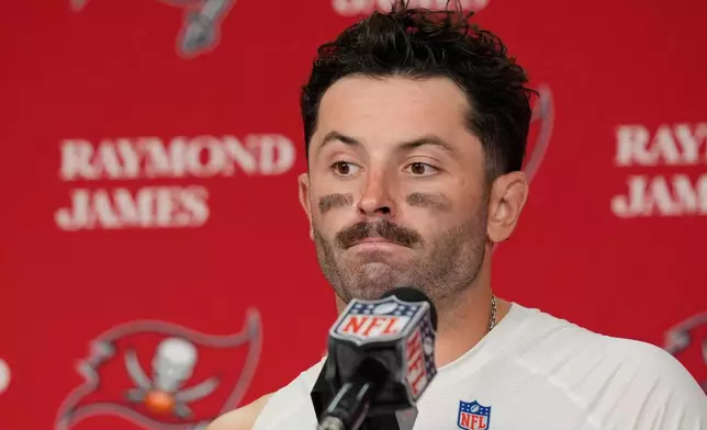 Tampa Bay Buccaneers quarterback Baker Mayfield pauses during a post game news conference following an NFL football game against the Cleveland Browns in Tampa, Fla., Sunday, Sept. 20, 2026.(AP Photo/Chris O'Meara)