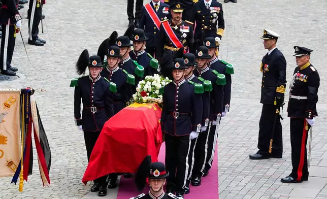 Norway's King Harald V's coffin is taken to the royal mausoleum in the crypt at Akershus Castle after the funeral ceremony in Oslo Cathedral, Wednesday, Sept. 9, 2026. (Terje Pedersen/Pool Photo via AP)