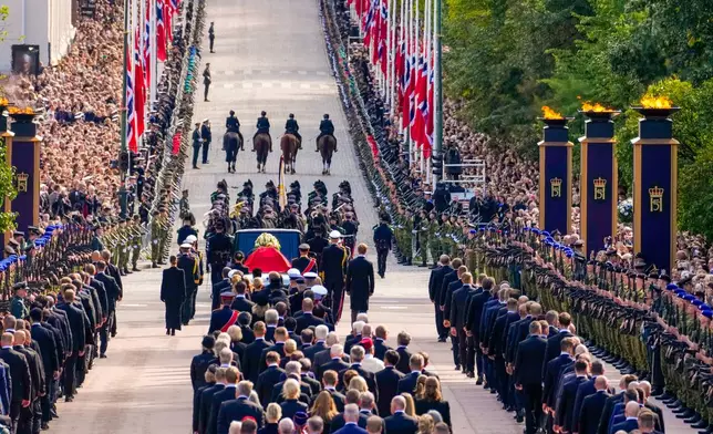 The coffin of Norway’s King Harald V is carried from the Royal Palace to Oslo Cathedral during a funeral procession in Oslo, Norway, Wednesday, Sept. 9, 2026. (Ole Berg-Rusten Name/NTB via AP, Pool)