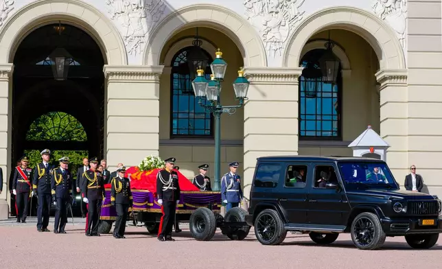 The coffin of Norway’s King Harald V is carried from the Royal Palace to Oslo Cathedral during a funeral procession in Oslo, Norway, Wednesday, Sept. 9, 2026. (Ole Berg-Rusten Name/NTB via AP, Pool)