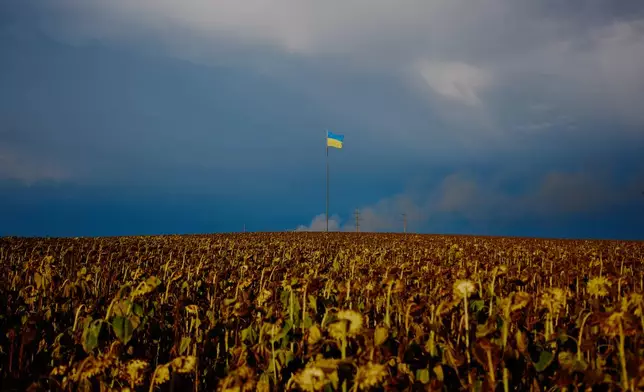 A Ukrainian flag waves in a sunflowers field as smoke raises from a Coca Cola factory, background, after a Russian drone attack in Brovary, outskirts of Kyiv, Ukraine, Thursday, Sept. 3, 2026. (AP Photo/Francisco Seco)