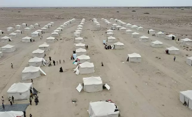 Tents are lined up in the Al-Firdaws camp for displaced Yemenis in Ras Imran, on the western outskirts of Aden, Yemen, Thursday, Sept. 17, 2026. (AP Photo/Abdulnasser Alseddik)