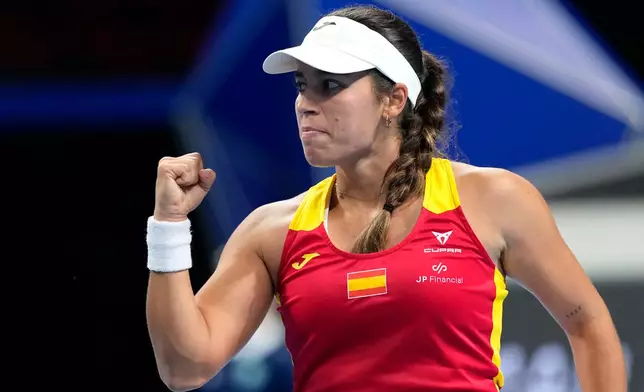 Spain's Jéssica Bouzas Maneiro reacts during play against Kazakhstan's Sonja Zhiyenbayeva in a quarterfinal match for the Billie Jean King Cup held in Shenzhen in southern China's Guangdong province, Wednesday, Sept. 23, 2026. (AP Photo/Andy Wong)