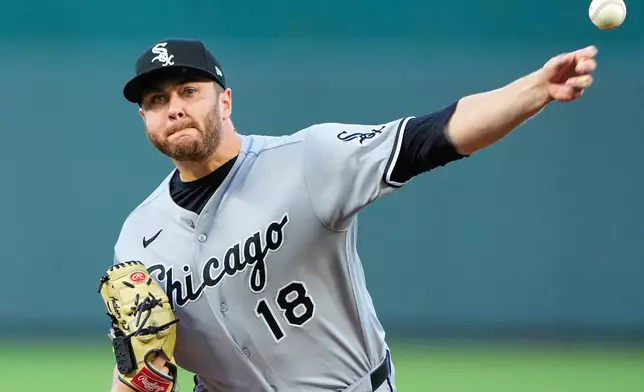 Chicago White Sox starting pitcher Anthony Kay throws during the first inning of a baseball game against the Kansas City Royals, Tuesday, Sept. 22, 2026, in Kansas City, Mo. (AP Photo/Charlie Riedel)