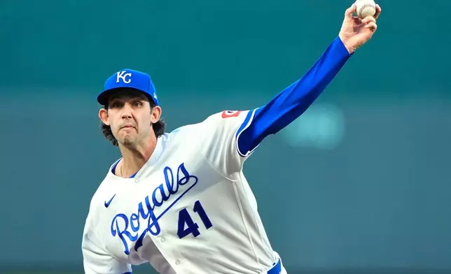 Kansas City Royals starting pitcher Daniel Lynch IV throws during the first inning of a baseball game against the Chicago White Sox, Tuesday, Sept. 22, 2026, in Kansas City, Mo. (AP Photo/Charlie Riedel)
