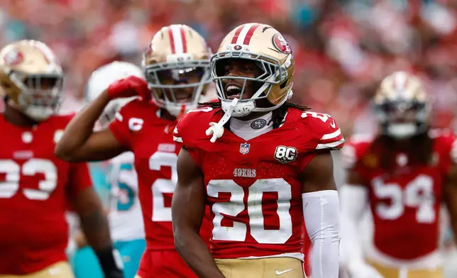 San Francisco 49ers cornerback Upton Stout (20) celebrates during the second half of an NFL football game against the Miami Dolphins in Santa Clara, Calif., Sunday, Sept. 20, 2026. (AP Photo/Kelley L. Cox)