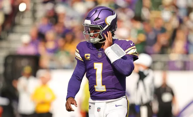 Minnesota Vikings quarterback Kyler Murray walks off the field after throwing a pass that was intercepted by the Green Bay Packers during the first half of an NFL football game, Sunday, Sept. 13, 2026, in Minneapolis, Minn. (AP Photo/Bailey Hillesheim)