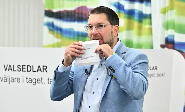 Leader of the Sweden Democrats party Jimmie Åkesson votes in Rinkeby, a suburb of Stockholm, Saturday Sept. 12, 2026, a day prior to the general election in Sweden. (Claudio Bresciani/TT via AP)