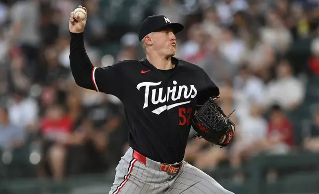 Minnesota Twins starter Zebby Matthews delivers a pitch during the first inning of a baseball game against the Chicago White Sox Friday, Sept. 4, 2026 in Chicago. (AP Photo/Paul Beaty)