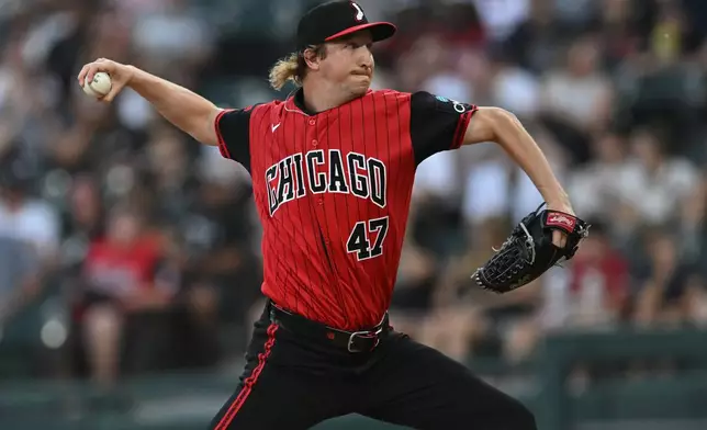 Chicago White Sox starter Erick Fedde delivers a pitch during the first inning of a baseball game against the Minnesota Twins Friday, Sept. 4, 2026 in Chicago. (AP Photo/Paul Beaty)