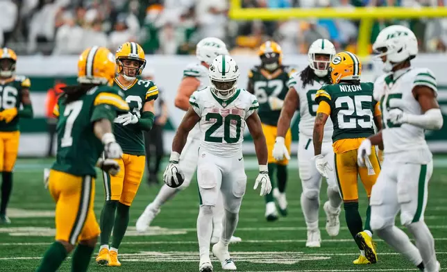 New York Jets running back Breece Hall (20) reacts during an NFL football game against the Green Bay Packers in East Rutherford, N.J., Sunday, Sept. 20, 2026. (AP Photo/Yuki Iwamura)