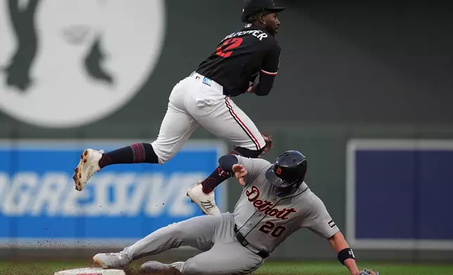 Minnesota Twins shortstop Kaelen Culpepper top, leaps over Detroit Tigers' Spencer Torkelson (20) while trying to complete a double play during the third inning of a baseball game Monday, Aug. 31, 2026, in Minneapolis. (AP Photo/Abbie Parr) CORRECTION: Corrects to third inning not second inning.