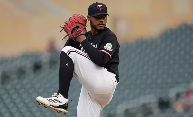Minnesota Twins starting pitcher Taj Bradley winds up to deliver during the first inning of a baseball game against the Detroit Tigers, Monday, Aug. 31, 2026, in Minneapolis. (AP Photo/Abbie Parr)