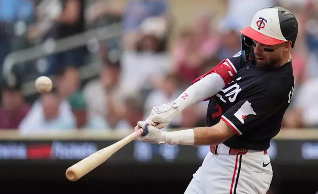 Minnesota Twins' Kody Clemens hits a sacrifice flyout that scored Luke Keaschall during the first inning of a baseball game against the Detroit Tigers, Monday, Aug. 31, 2026, in Minneapolis. (AP Photo/Abbie Parr)