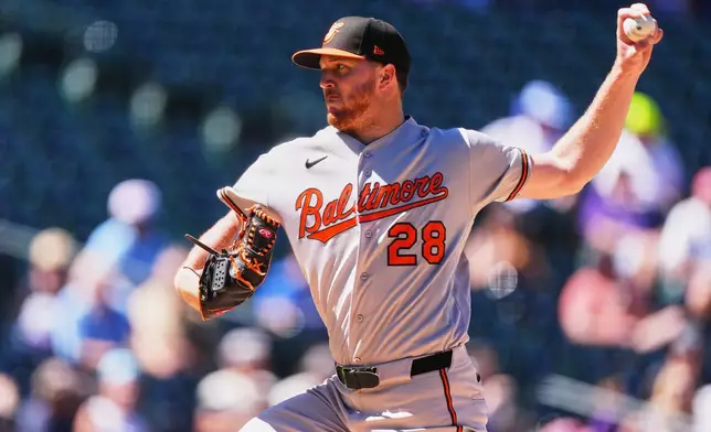 Baltimore Orioles starting pitcher Trevor Rogers works against the Colorado Rockies in the second inning of a baseball game Wednesday, Sept. 2, 2026, in Denver. (AP Photo/David Zalubowski)