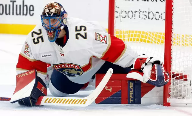 Florida Panthers goaltender Jacob Markstrom (25) guards the net against the Carolina Hurricanes during the second period of an NHL hockey game in Raleigh, N.C., Tuesday, Sept. 29, 2026. (AP Photo/Karl DeBlaker)