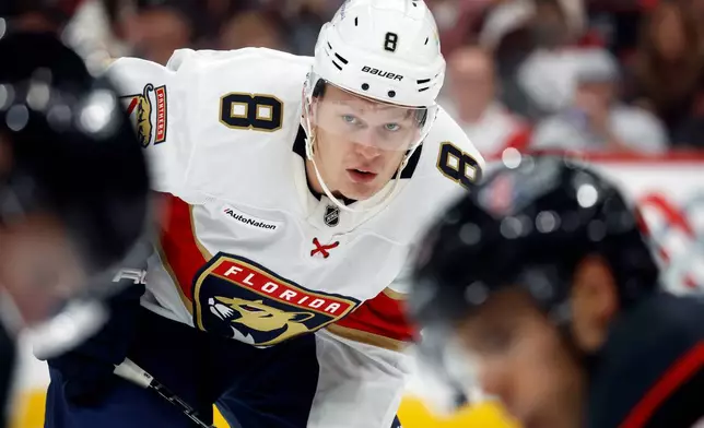 Florida Panthers' Brady Tkachuk (8) watches the puck against the Carolina Hurricanes during the third period of an NHL hockey game in Raleigh, N.C., Tuesday, Sept. 29, 2026. (AP Photo/Karl DeBlaker)