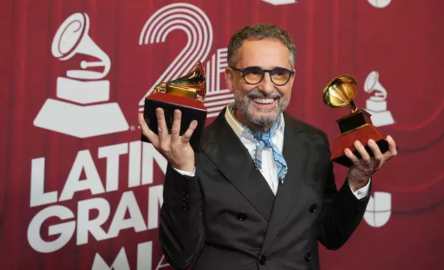 FILE - Jorge Drexler poses after winning two awards at the 25th Latin Grammy Awards ceremony on Nov. 14, 2024, in Miami. (AP Photo/Rebecca Blackwell, File)