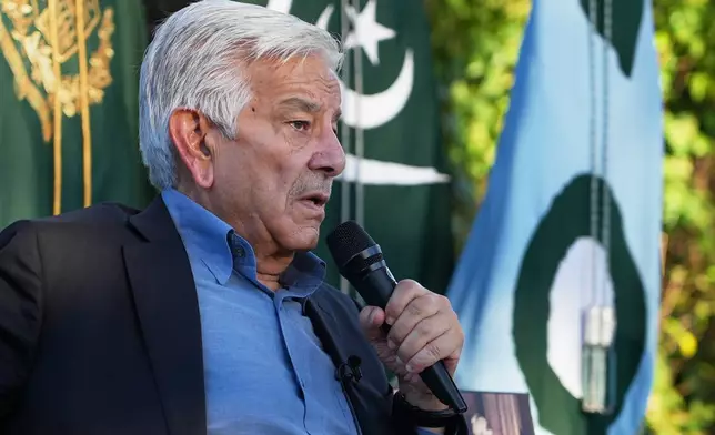 Pakistan's Defense Minister Khawaja Mohammad Asif speaks with media at the Pakistani Embassy in Rome, Italy, Tuesday, Sept. 29, 2026. (AP Photo/Andrea Rosa)
