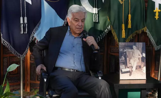Pakistan's Defense Minister Khawaja Mohammad Asif speaks with media at the Pakistani Embassy in Rome, Italy, Tuesday, Sept. 29, 2026. (AP Photo/Andrea Rosa)