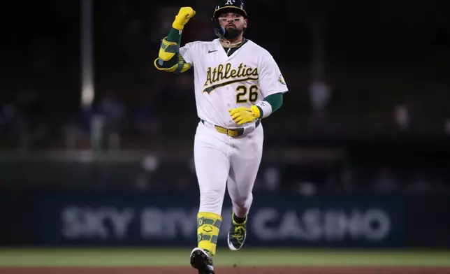 Athletics' Carlos Cortes jogs around the bases after hitting a solo home run during the fourth inning of a baseball game against the Toronto Blue Jays Tuesday, Sept. 8, 2026, in West Sacramento, Calif. (AP Photo/Scott Marshall)