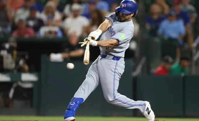 Toronto Blue Jays' Josh Smith grounds into a double play that resulting in an RBI during the sixth inning of a baseball game against the Athletics Tuesday, Sept. 8, 2026, in West Sacramento, Calif. (AP Photo/Scott Marshall)
