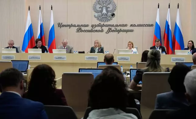 Ella Pamfilova, head of Russia's Central Election Commission, center, reports the official results of Russia's parliamentary elections at the commission's meeting in Moscow, Russia, Friday, Sept. 25, 2026. (AP Photo/Alexander Zemlianichenko)
