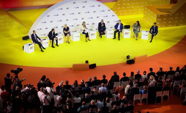 FILE - From left, French conservative Party Les Republicains Bruno Retailleau, co-president of French centre-left party, Place Publique Raphael Glucksmann, Far-right leader Marine Le Pen, Former French Prime Minister and head of Horizons political party Edouard Philippe, French far-left leader Jean-Luc Melenchon, French Green Party leader Marine Tondelier and Former French Prime minister Gabriel Attal, candidates at presidential election participate at a business meeting organized by the French business organization (MEDEF) in Paris, Thursday, Aug. 27, 2026. (AP Photo/Thomas Padilla, File)