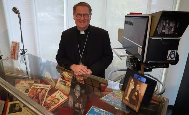 Bishop Louis Tylka of the Diocese of Peoria stands for a portrait at the Sheen museum in Peoria, Ill., on July 16, 2026. (AP Photo/Jessie Wardarski)