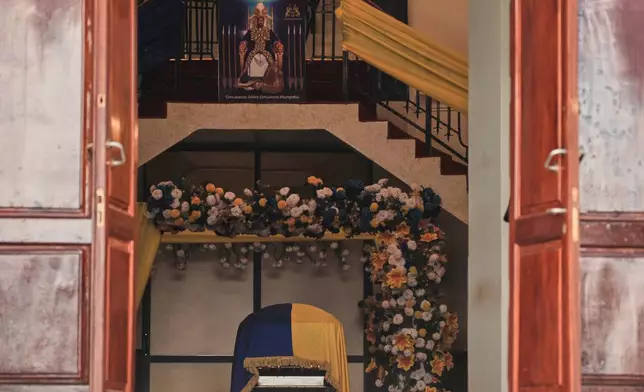 The casket of Tooro's King Oyo Nyimba is placed at Karuziika Palace, the official royal residence, in Fort Portal, Uganda, Saturday, Sept. 12, 2026. (AP Photo/Patrick Onen)