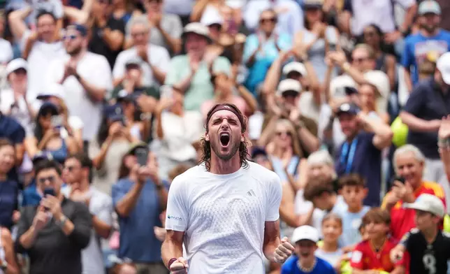 Stefanos Tsitsipas, of Greece, celebrates winning a match against Arthur Fils, of France, during the first round of the U.S. Open tennis championships, Monday, Aug. 31, 2026, in New York. (AP Photo/Kirsty Wigglesworth)