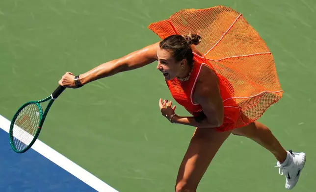 Aryna Sabalenka, of Belarus, follows through on a shot to Camila Osorio, of Colombia, during the first round of the U.S. Open tennis championships, Monday, Aug. 31, 2026, in New York. (AP Photo/Seth Wenig)