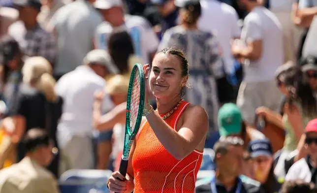 Aryna Sabalenka, of Belarus, celebrates after winning a match against Camila Osorio, of Colombia, during the first round of the U.S. Open tennis championships, Monday, Aug. 31, 2026, in New York. (AP Photo/Seth Wenig)