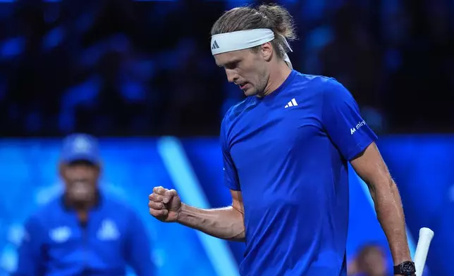Team Europe's Alexander Zverev reacts after winning a point against Team World's Learner Tien during a Laver Cup tennis tournament match in London, Sunday, Sept. 27, 2026. (AP Photo/Maja Smiejkowska)