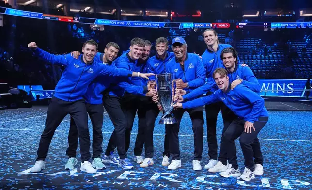 Team Europe celebrate after beating Team World to win the Laver Cup tennis tournament in London, Sunday, Sept. 27, 2026. (AP Photo/Maja Smiejkowska)