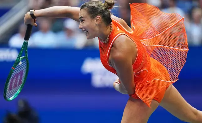 Aryna Sabalenka, of Belarus, serves the ball to Elena Rybakina, of Kazakhstan, during the women's singles final of the U.S. Open tennis championships Saturday, Sept. 12, 2026, in New York. (AP Photo/Kirsty Wigglesworth)