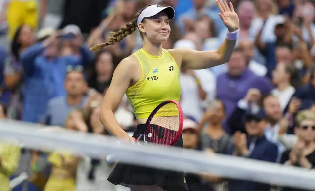 Elena Rybakina, of Kazakhstan, gestures after she won the women's singles final of the U.S. Open tennis championships against Aryna Sabalenka, of Belarus, Saturday, Sept. 12, 2026, in New York. (AP Photo/Kirsty Wigglesworth)