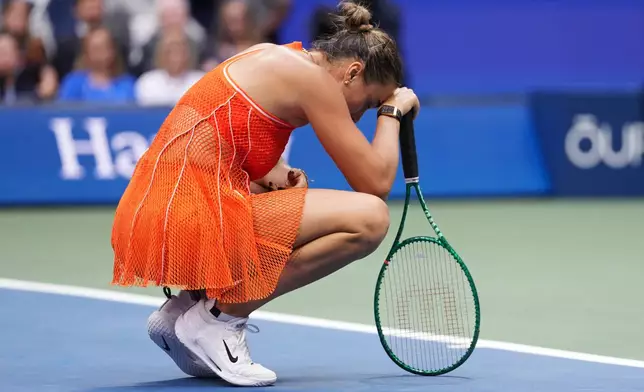 Aryna Sabalenka, of Belarus, reacts during the women's singles final of the U.S. Open tennis championships against Elena Rybakina, of Kazakhstan, Saturday, Sept. 12, 2026, in New York. (AP Photo/Kirsty Wigglesworth)