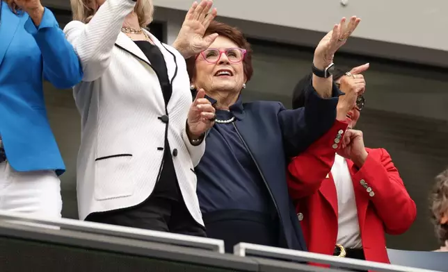 Former tennis player Billie Jean King attends a match between Aryna Sabalenka, of Belarus, and Elena Rybakina, of Kazakhstan, during the women's singles final of the U.S. Open tennis championships Saturday, Sept. 12, 2026, in New York. (AP Photo/Adam Hunger)