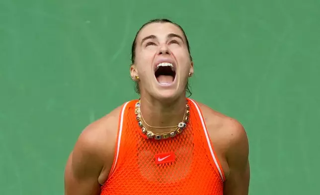 Aryna Sabalenka, of Belarus, reacts during the women's singles final of the U.S. Open tennis championships against Elena Rybakina, of Kazakhstan, Saturday, Sept. 12, 2026, in New York. (AP Photo/Yuki Iwamura)