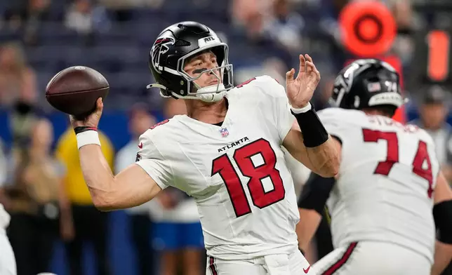 Atlanta Falcons quarterback Jack Strand (18) throws against the Indianapolis Colts during the second half of an NFL football game in Indianapolis, Saturday, Aug. 22, 2026. (AP Photo/Nam Y. Huh)