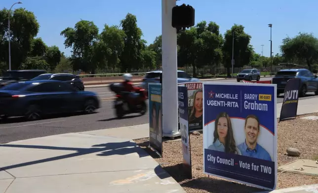 Campaign signs for Scottsdale City Council candidates are posted Wednesday, Sept. 9, 2026 in Scottsdale, Ariz. (AP Photo/Wufei Yu)