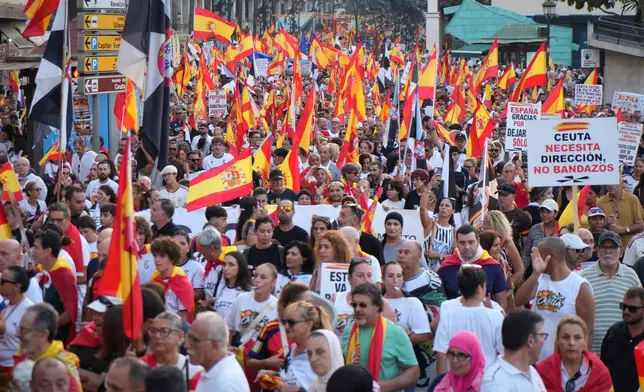 Protesters march in support of Ceuta to mark the city's anniversary in the Spanish exclave of Ceuta, Wednesday, Sept. 2, 2026. (AP Photo/Francis González)
