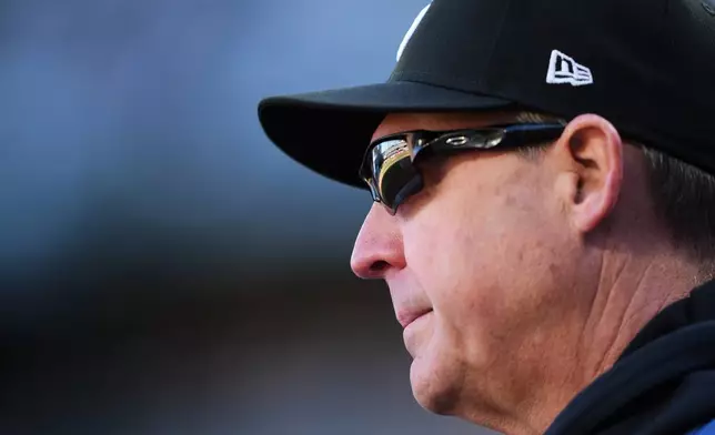 Seattle Mariners manager Dan Wilson looks on during the second inning of a baseball game against the Los Angeles Angels, Sunday, Sept. 27, 2026, in Seattle. (AP Photo/Lindsey Wasson)